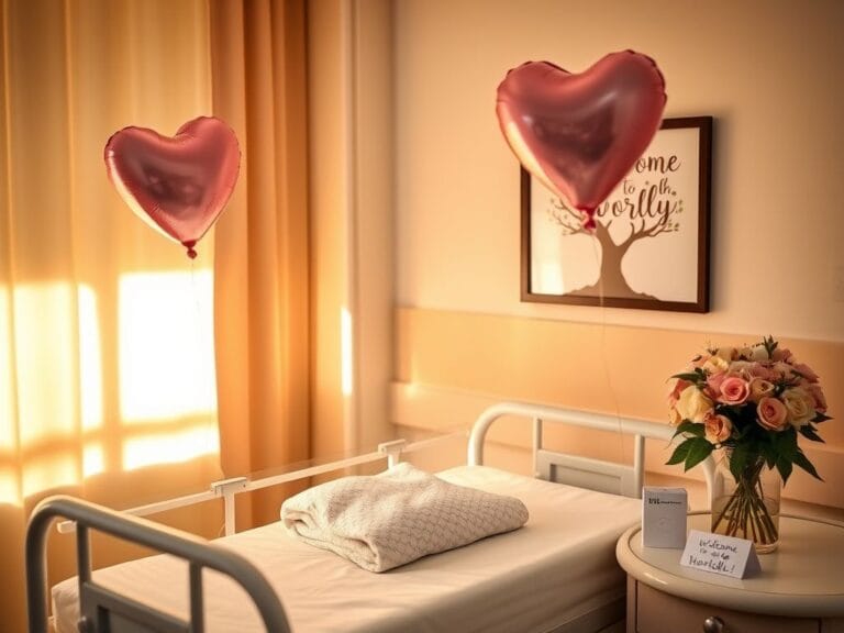 Flick International Serene hospital room with a bassinet and heart-shaped balloon symbolizing new life