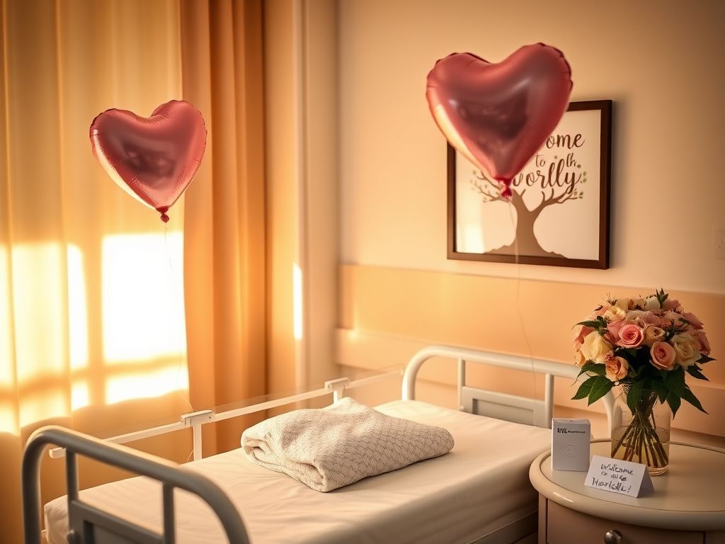Flick International Serene hospital room with a bassinet and heart-shaped balloon symbolizing new life