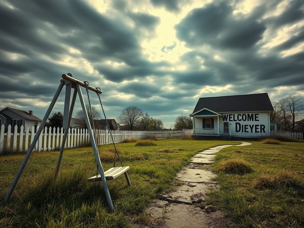 Flick International A desolate suburban landscape depicting the decline of traditional family life.