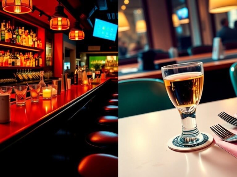 Flick International A close-up view of a bustling bar juxtaposed with a quiet dining table emphasizing the effects of tab transfers on tips.