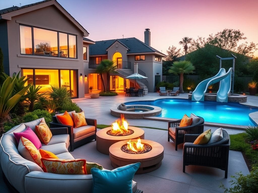 Flick International Luxurious suburban garden with a shimmering pool and stylish outdoor lounge area at dusk