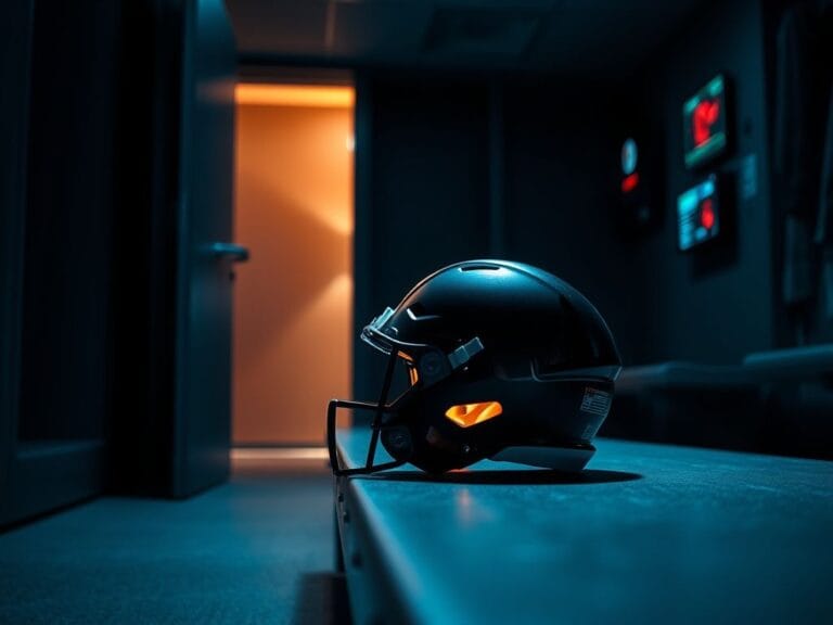 Flick International Dimly lit football locker room with heavy security door and helmet