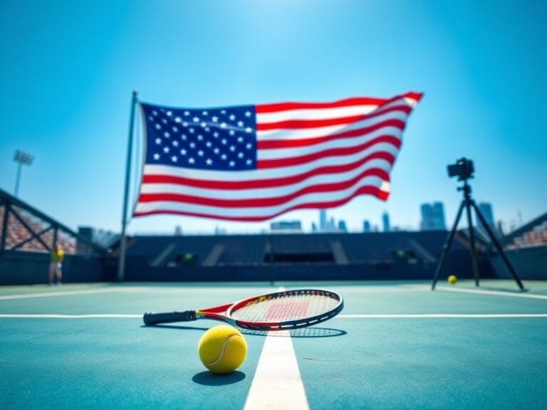 Flick International Vibrant tennis court scene with an American flag in the background
