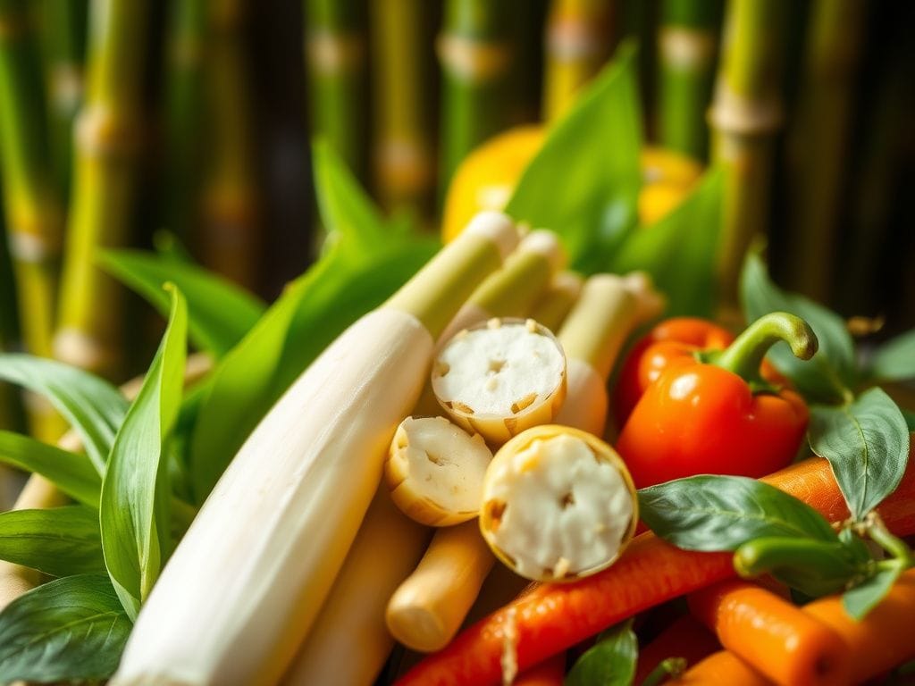 Flick International Fresh bamboo shoots among lush green bamboo leaves, showcasing their unique texture and creamy interior.