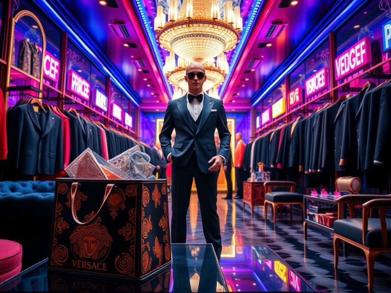 Flick International A lavish scene inside a high-end fashion boutique showcasing luxurious designs with a Versace bag displayed prominently