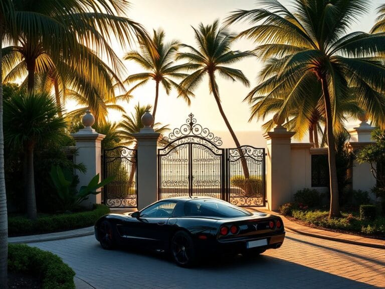Flick International Luxurious Palm Beach landscape with ornate private club gates and a modern sports car
