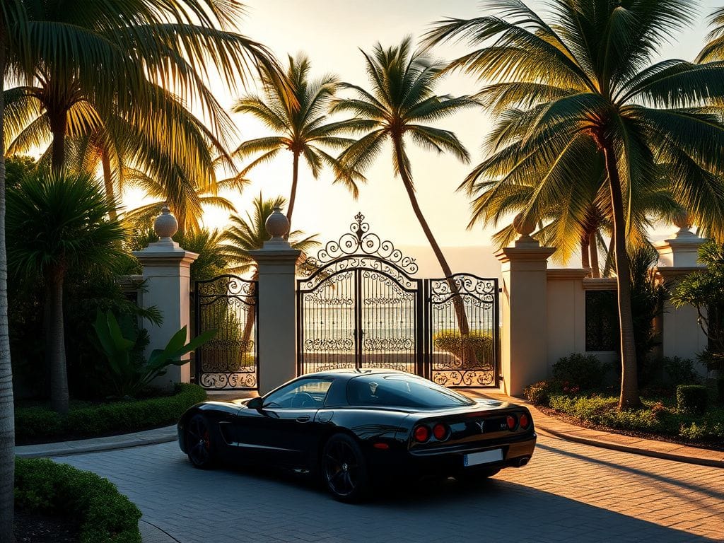 Flick International Luxurious Palm Beach landscape with ornate private club gates and a modern sports car