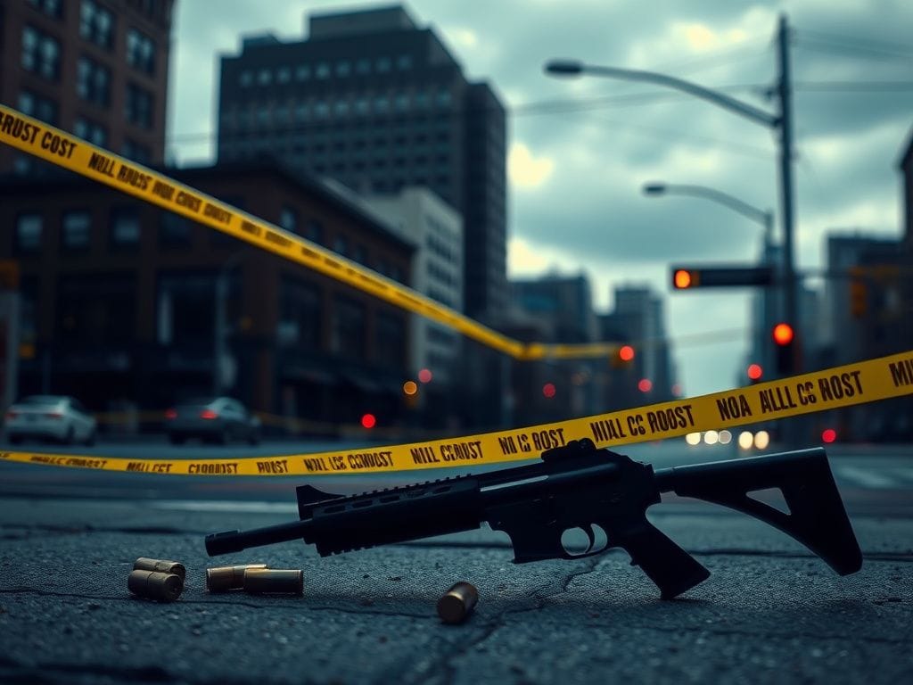 Flick International Urban scene of police activity at East 26th Street and Nicollet Avenue in Minneapolis, showing a gun outline on the pavement and a police barricade.