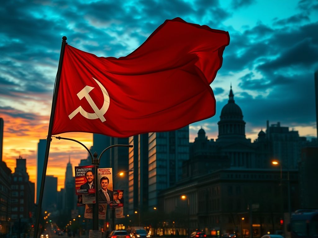 Flick International Dramatic twilight urban landscape of New York City with political symbols