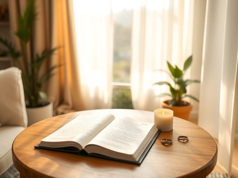 Flick International serene indoor setting with a wooden table, prayer book, and wedding rings