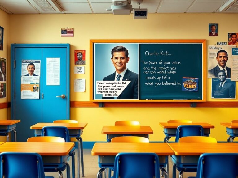 Flick International Classroom featuring a Charlie Kirk poster amidst educational content