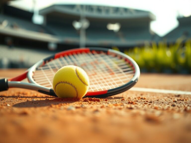 Flick International Close-up of a worn tennis racket and a shiny Australian Open ball on clay court