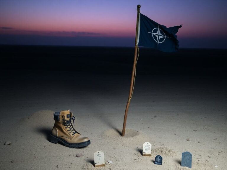 Flick International A desolate battlefield landscape with a tattered NATO flag and abandoned combat boots, symbolizing the sacrifices of military personnel.