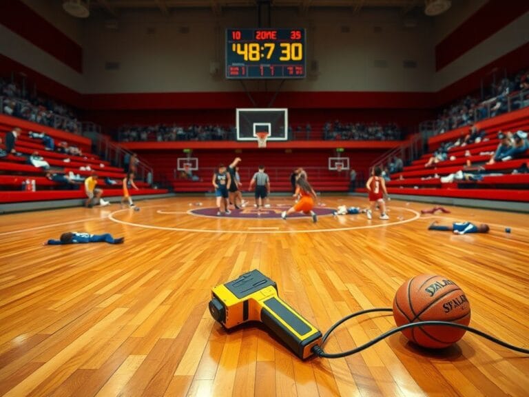 Flick International scene of chaotic middle school basketball game aftermath with taser on the floor