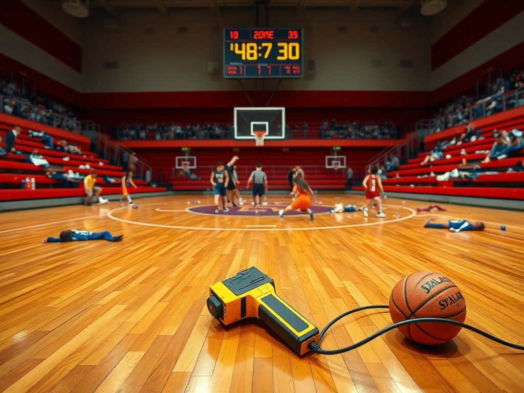 Flick International scene of chaotic middle school basketball game aftermath with taser on the floor