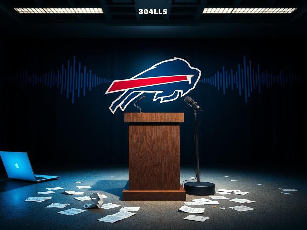 Flick International Dimly lit sports conference room with a prominent podium and Buffalo Bills logo backdrop