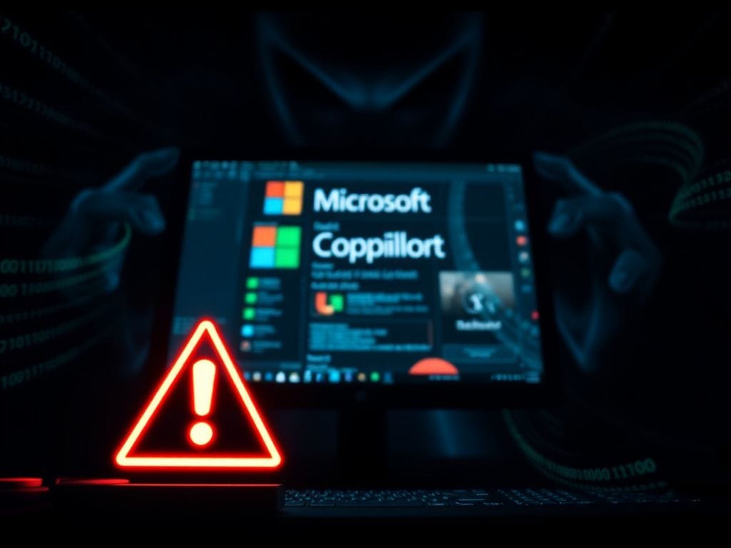 Flick International Close-up of a computer screen showing a distorted Microsoft Copilot interface with ominous shadows