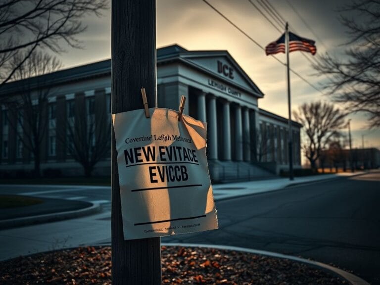 Flick International Government building in Lehigh County, Pennsylvania with ICE sign and eviction notice