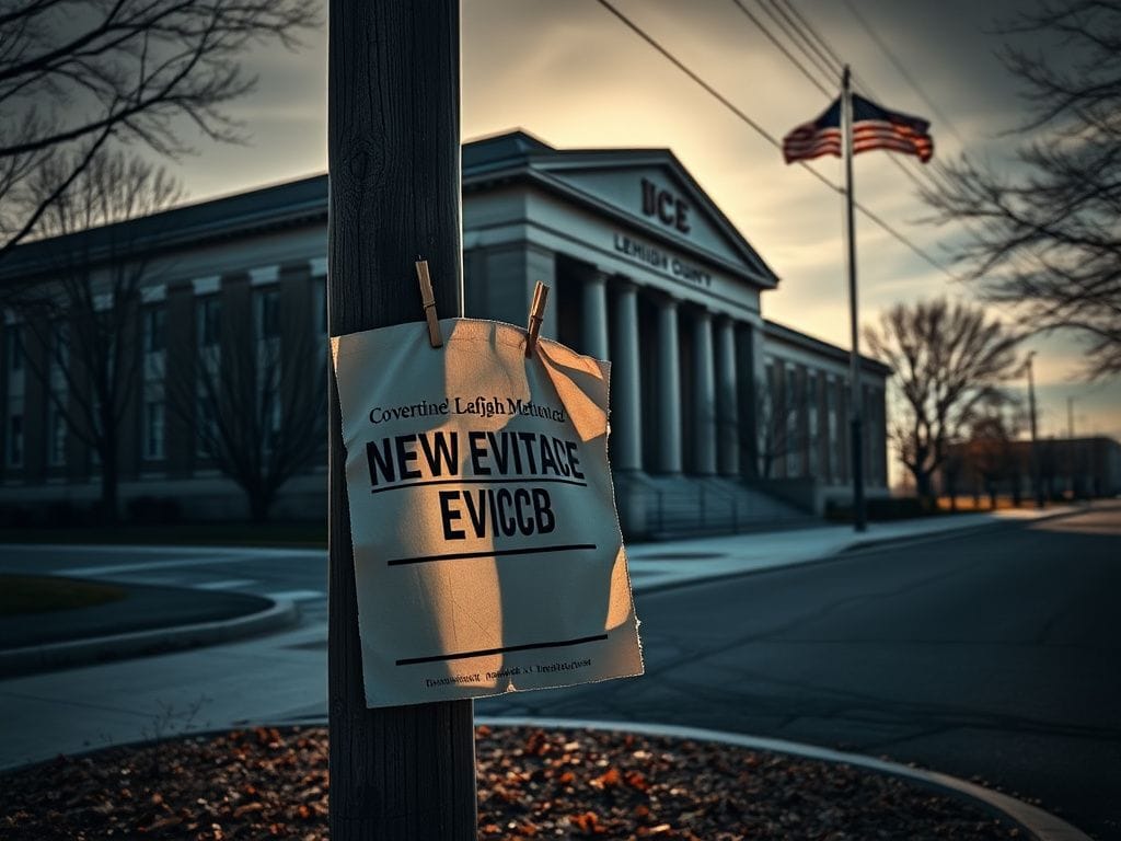 Flick International Government building in Lehigh County, Pennsylvania with ICE sign and eviction notice