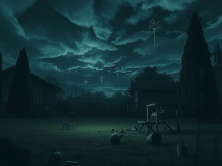 Flick International A somber backyard scene depicting a dimly lit house and scattered trinkets, symbolizing lost innocence and danger.