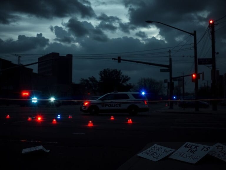 Flick International Dark blocked-off street with police tape and flashing lights at the scene of a Border Patrol-involved shooting in Minneapolis