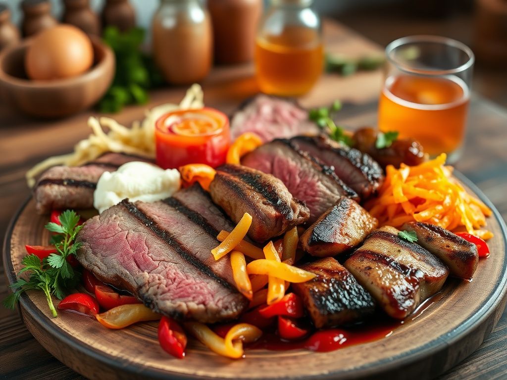 Flick International Close-up of a beautiful plate with various meats and colorful fermented foods