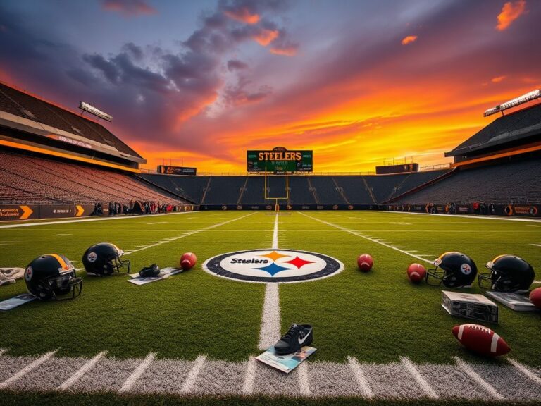 Flick International Empty football field marked with yard lines and Steelers logo in vibrant stadium