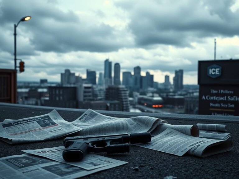 Flick International Urban scene in Minneapolis featuring a police barricade and a discarded 9mm pistol amidst newspaper articles
