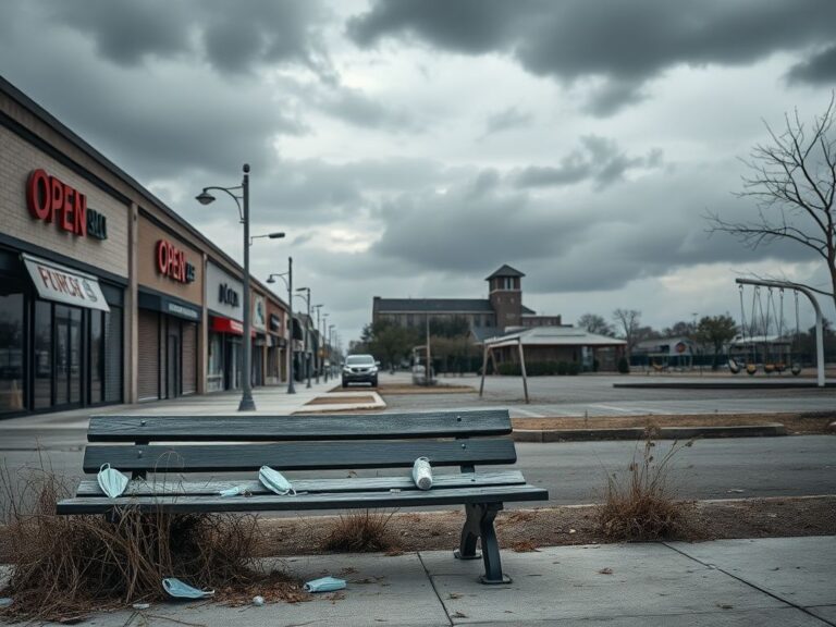 Flick International Stark, empty urban landscape symbolizing post-pandemic reflections with deserted street and closed storefronts