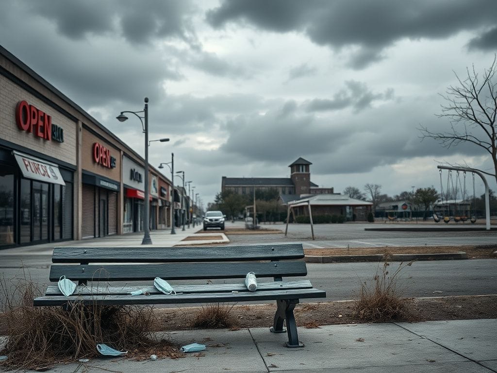 Flick International Stark, empty urban landscape symbolizing post-pandemic reflections with deserted street and closed storefronts