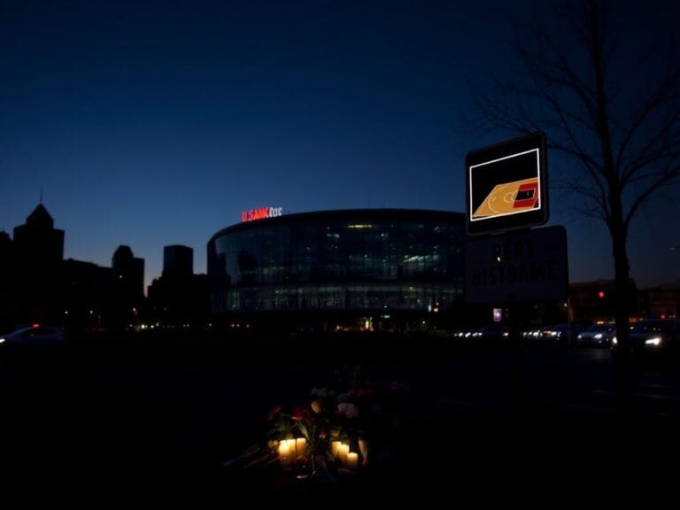 Flick International Somber urban landscape of Minneapolis at dusk, featuring U.S. Bank Stadium and a memorial for a recent tragedy