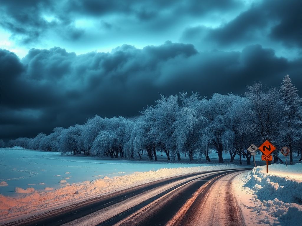 Flick International A vast snowy landscape showcasing a deserted road with ice-laden trees under dark storm clouds