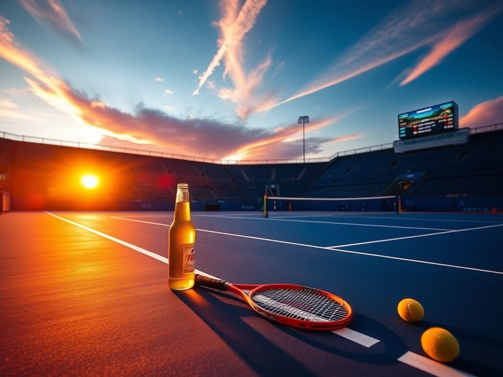 Flick International Beer bottle on tennis court after Australian Open match