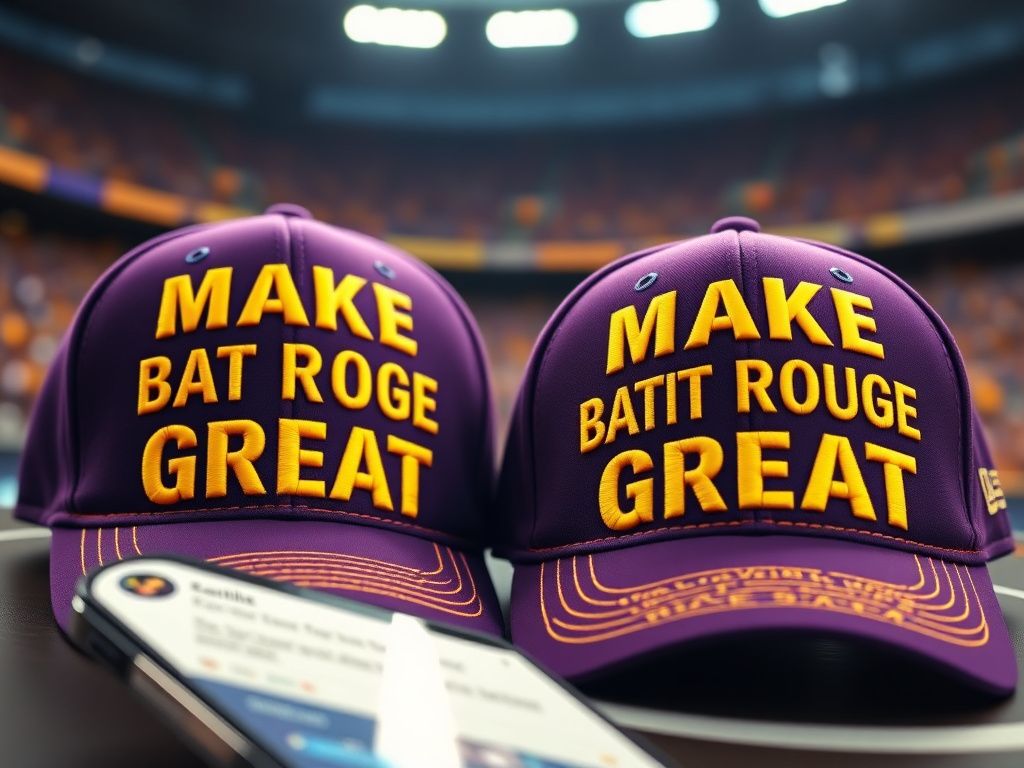 Flick International Close-up of LSU-themed baseball hats featuring 'Make Baton Rouge Great' in bold typography against a blurred football stadium background