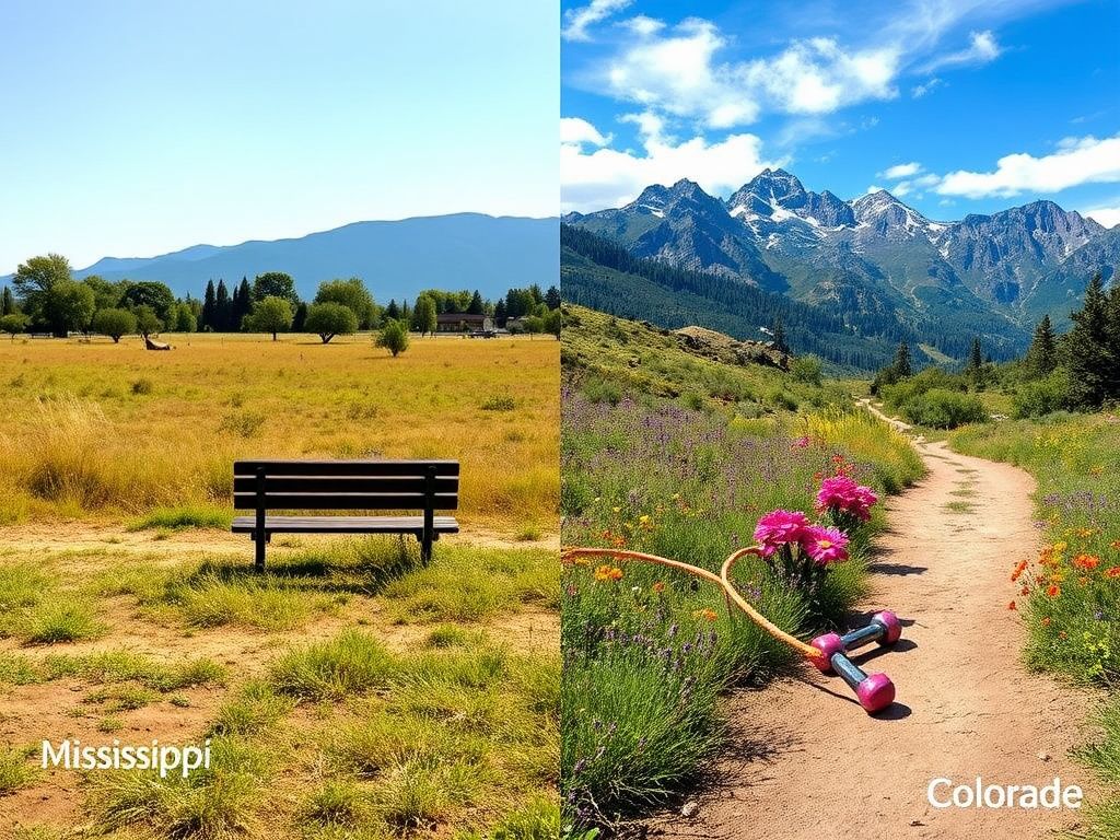 Flick International A split-image depicting contrasting landscapes of Mississippi and Colorado, highlighting physical activity disparities.