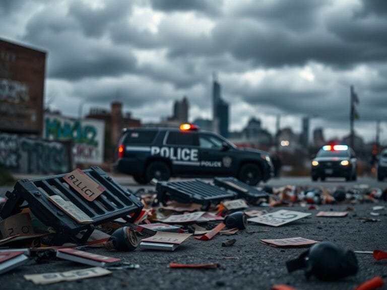 Flick International Aftermath of unrest in Minneapolis with abandoned police barriers and protest signs
