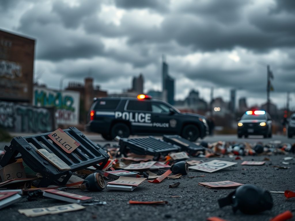 Flick International Aftermath of unrest in Minneapolis with abandoned police barriers and protest signs