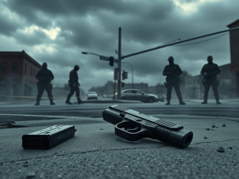 Flick International A discarded handgun and magazines on a quiet Minneapolis intersection with a tense atmosphere