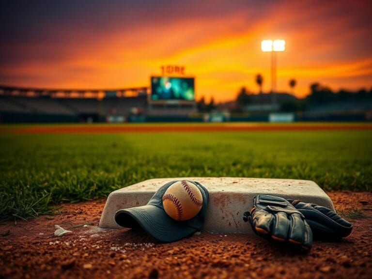Flick International Dramatic baseball field scene at dusk with chalk dust and a worn baseball
