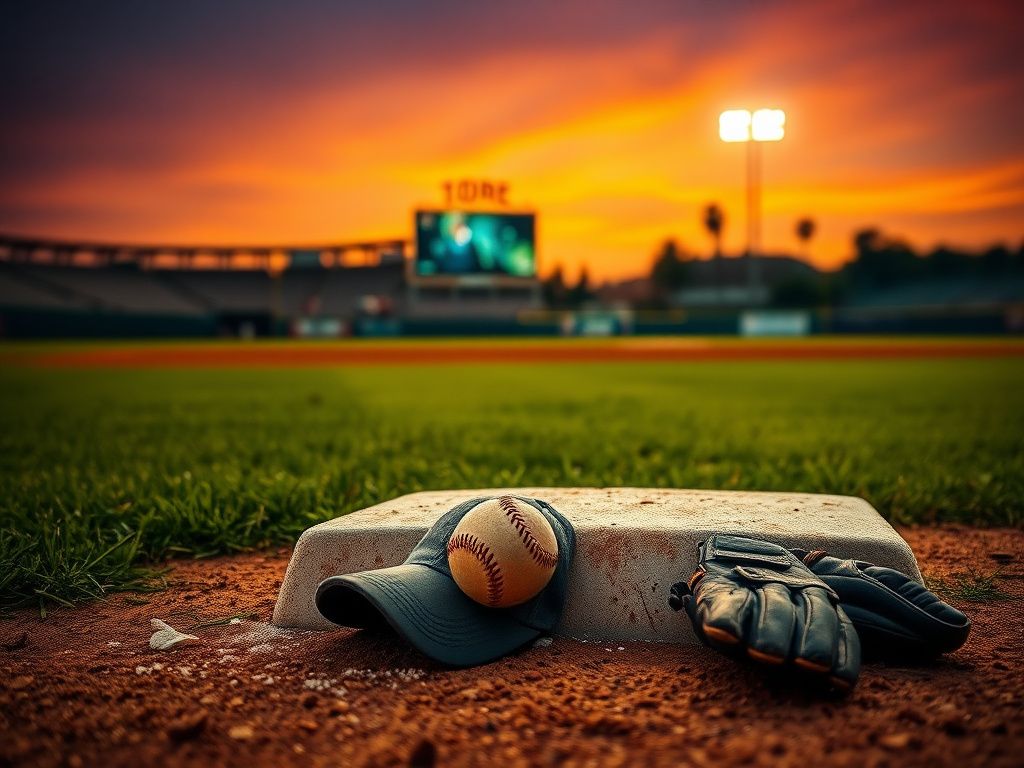 Flick International Dramatic baseball field scene at dusk with chalk dust and a worn baseball