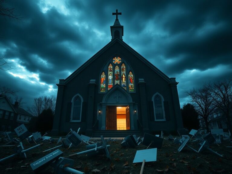 Flick International Exterior view of Cities Church in St. Paul, with stained-glass windows surrounded by protest signs