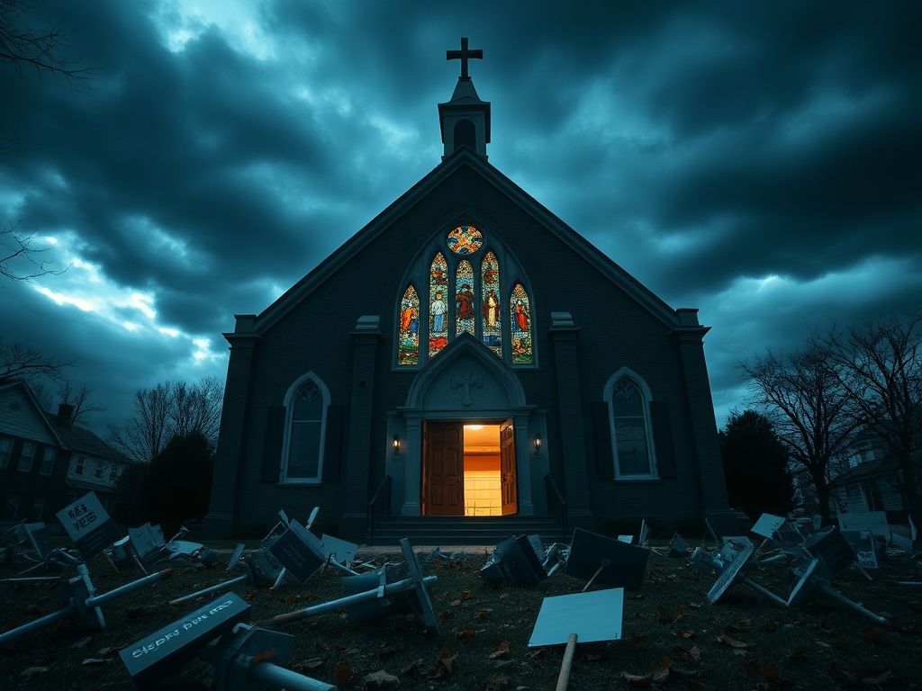 Flick International Exterior view of Cities Church in St. Paul, with stained-glass windows surrounded by protest signs
