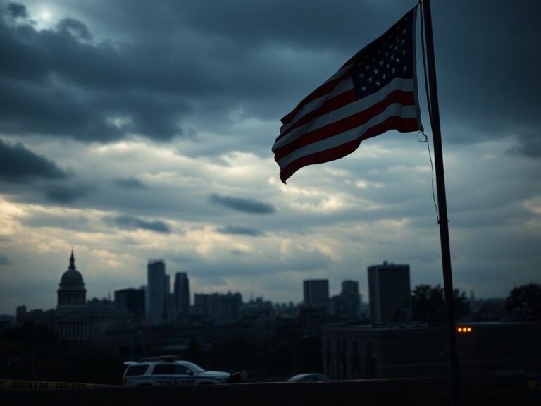 Flick International Somber urban landscape of Minneapolis with faded American flag and government buildings