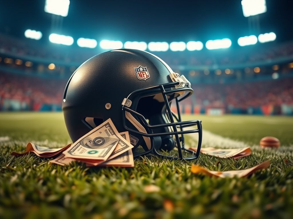 Flick International Helmet on grass surrounded by college memorabilia and bills