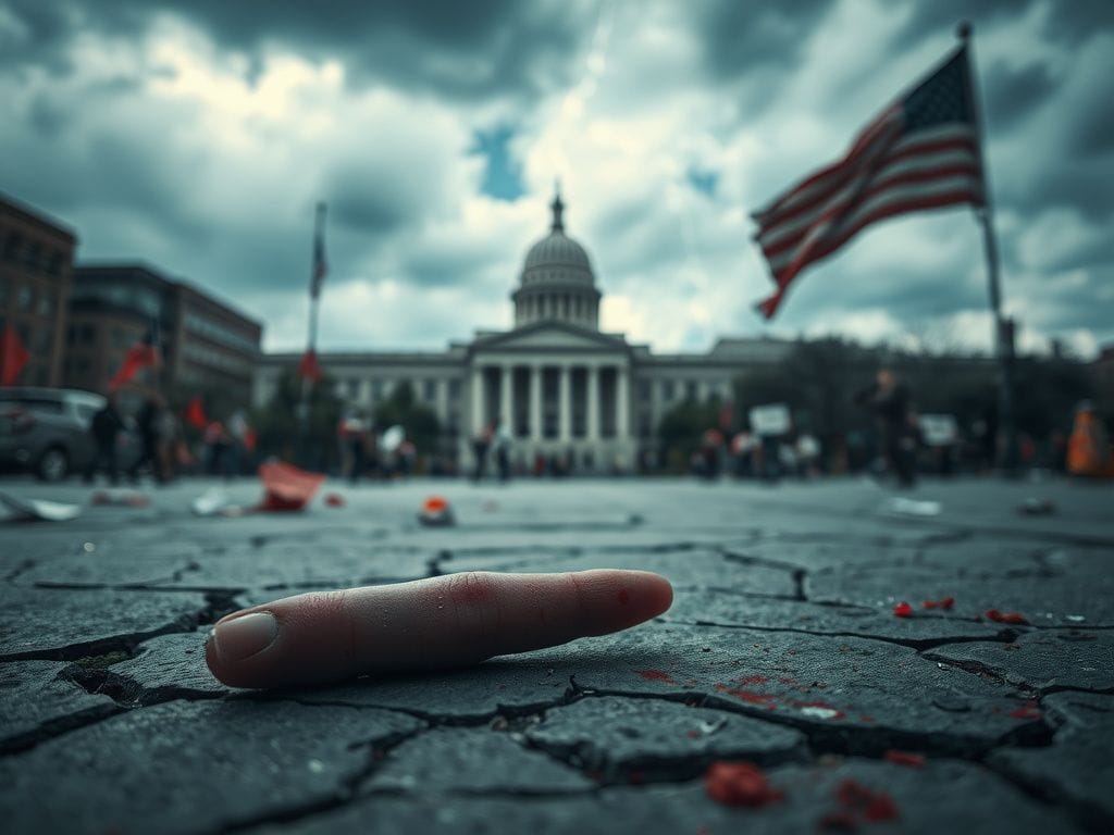 Flick International Severed finger lying on cracked pavement amidst protest debris