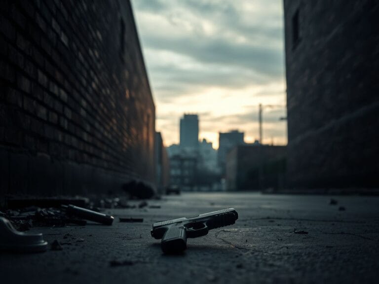 Flick International Scene of desolate Minneapolis alley with a 9mm pistol on the ground