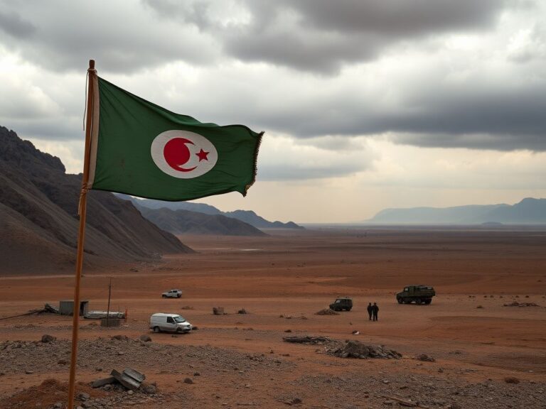 Flick International Wide landscape shot of northern Syria with a Kurdish flag and military silhouettes