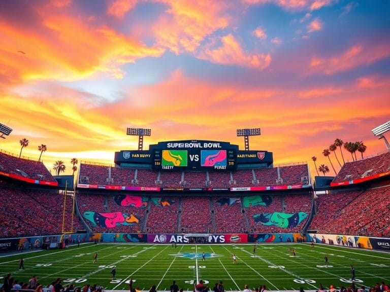Flick International A vibrant football stadium set for the Super Bowl with no spectators, featuring a colorful halftime stage inspired by Bad Bunny and Green Day.