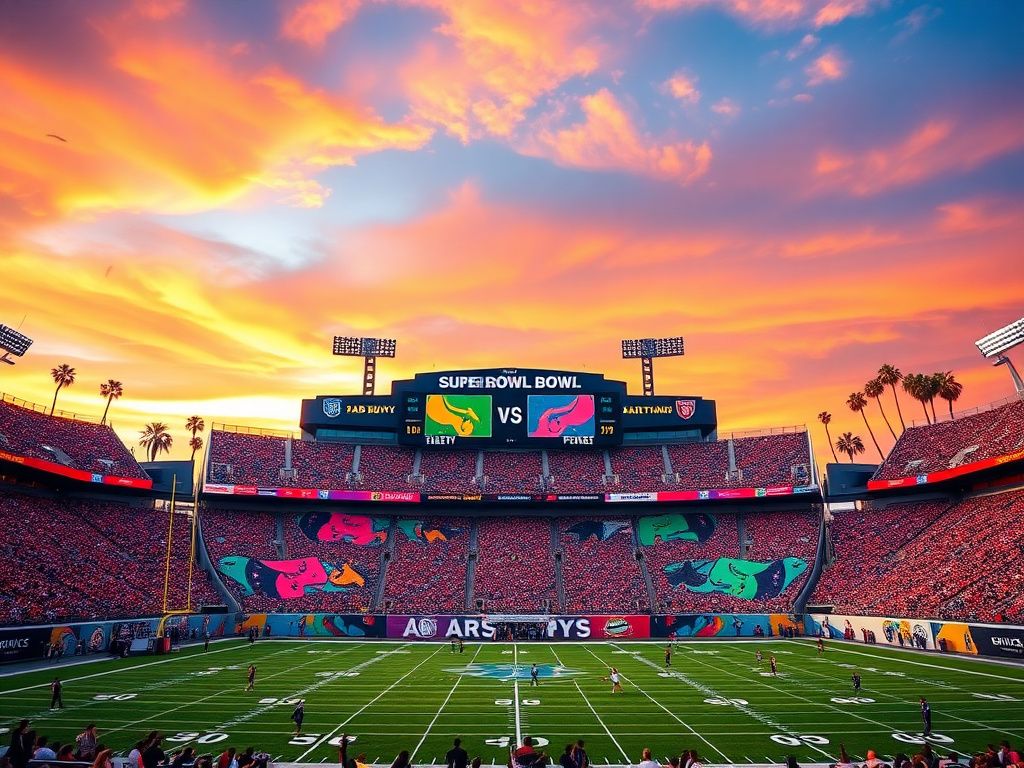Flick International A vibrant football stadium set for the Super Bowl with no spectators, featuring a colorful halftime stage inspired by Bad Bunny and Green Day.