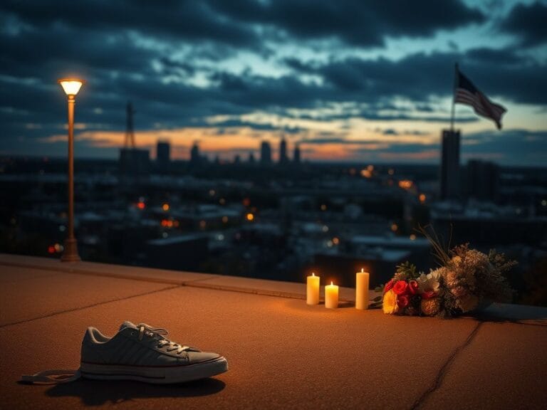 Flick International Empty sneakers symbolize loss amidst urban landscape in Minneapolis after Border Patrol shooting
